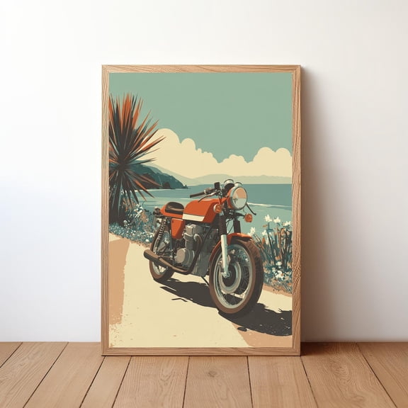 Minimalist Motorcycle Cafe Racer Coastal Mountain Landscape Rider Decor Vintage Bike Illustration, Unframed Poster