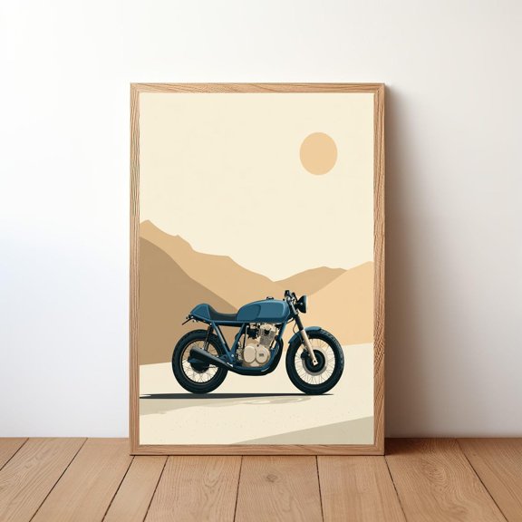 Minimalist Motorcycle Cafe Racer Coastal Mountain Landscape Rider Decor Vintage Bike Illustration, Unframed Poster