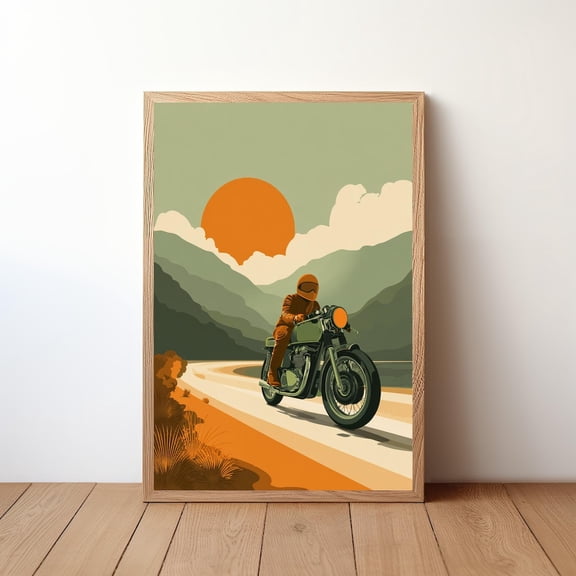 Minimalist Motorcycle Cafe Racer Coastal Mountain Landscape Rider Decor Vintage Bike Illustration, Unframed Poster