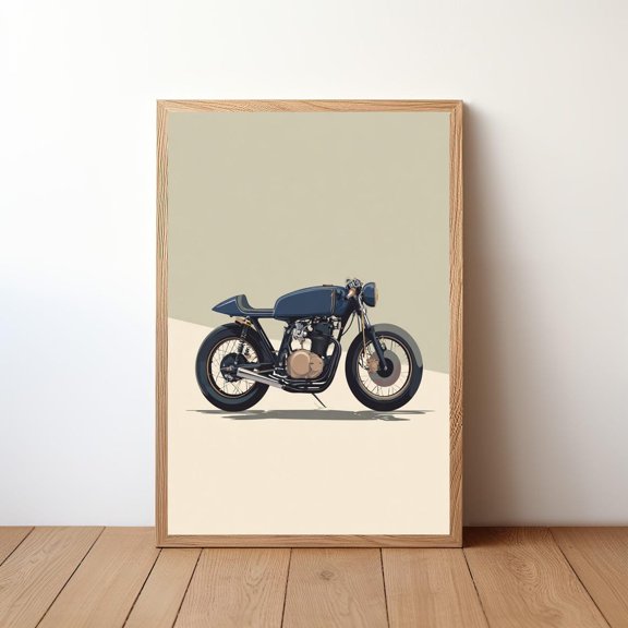 Minimalist Motorcycle Cafe Racer Coastal Mountain Landscape Rider Decor Vintage Bike Illustration, Unframed Poster