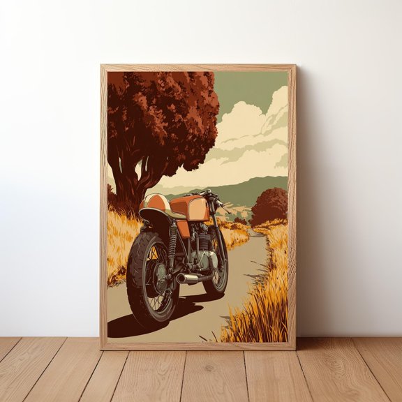 Minimalist Motorcycle Cafe Racer Coastal Mountain Landscape Rider Decor Vintage Bike Illustration, Unframed Poster
