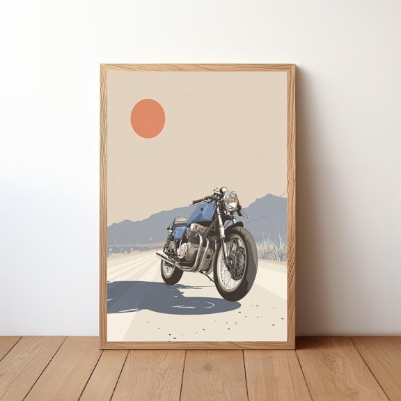 Minimalist Motorcycle Wall Art Cafe Racer Coastal Mountain Landscape Rider Decor Vintage Bike Illustration MOTO40, Unframed Poster