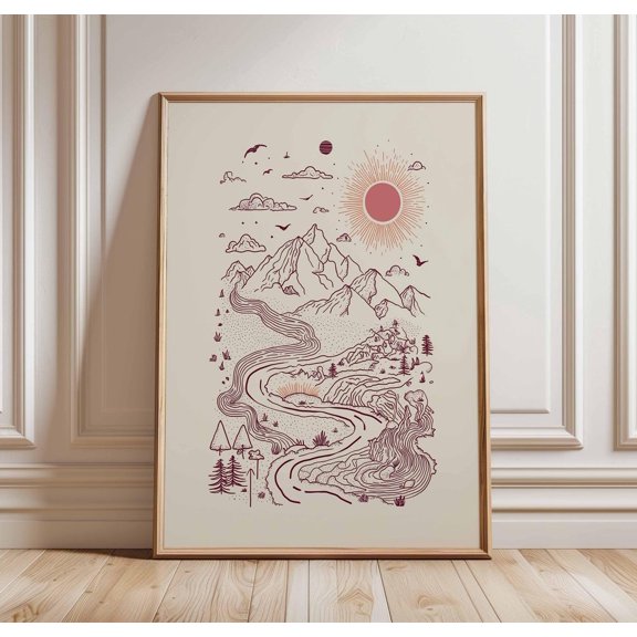 Minimalist Mountain Landscape Abstract Nature Line Art Sun And River Illustration Boho Earth Tone Poster Wall Art Print