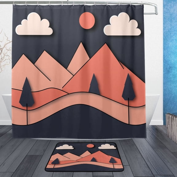 Minimalist Mountain Landscape Bathroom Accessory Sets Waterproof Shower Curtain with Anti-Slip Bath Mat Durable Combo