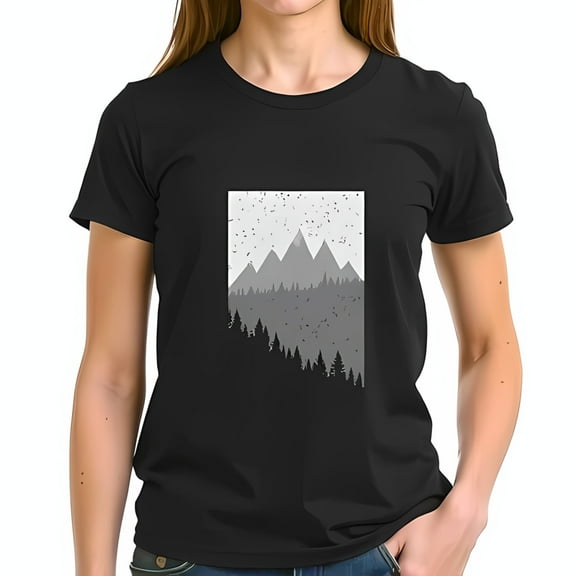 Minimalist Mountain Landscape Graphic Cotton Short Sleeve T-Shirt for Nature Lovers - Serene Peaks & Forest Design