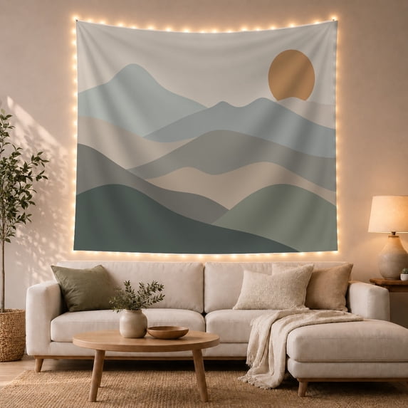 Minimalist Mountain Landscape with Rising Sun Serene Boho for Nature Lovers, Scenic Muted Gold Art Decor, Housewarming Gift Tapestry Wall Hanging for Bedroom and Living Room
