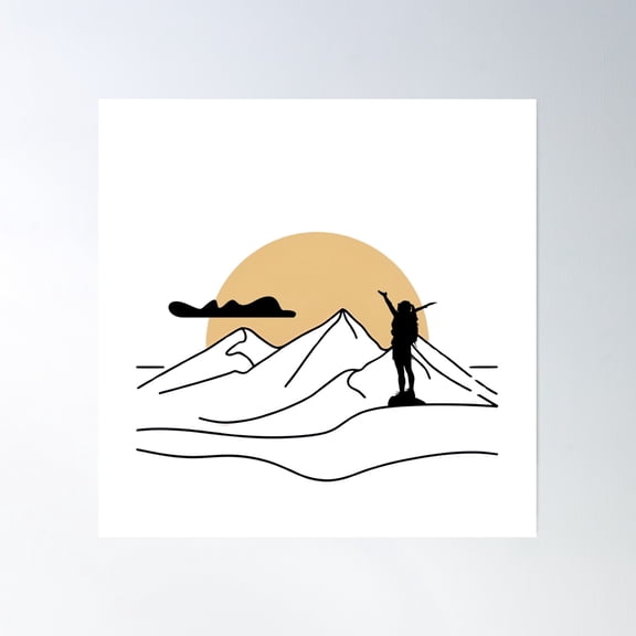 Minimalist Mountain Line Art With Hiker Silhouette And Rising Sun Poster Wall Art, Modern Wall Decor, 24x24 UNFRAMED