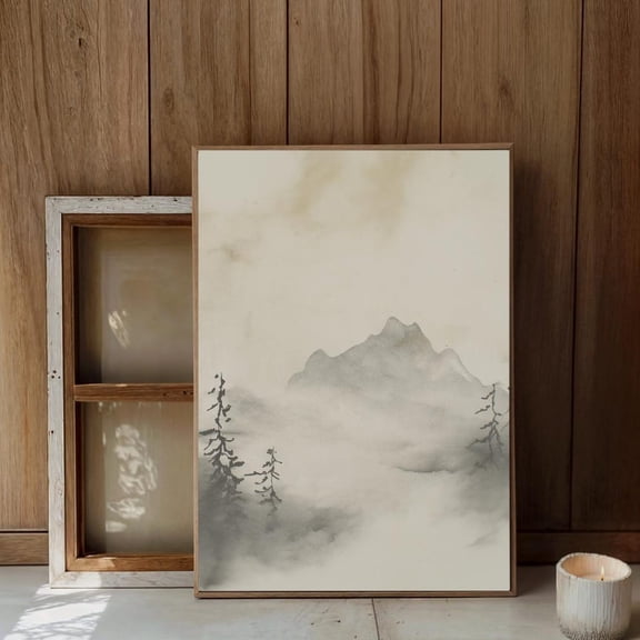 Minimalist Mountain Mist Zen Ink Wash Landscape Tranquil Monochrome Nature