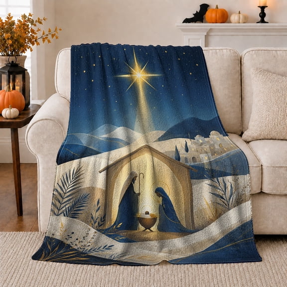 Minimalist Nativity with Guiding Star Snowy Hills and Blue Gold Lines, Serene Modern Art for Nativity Art Lovers, Soft Flannel Blanket for Living Room and Bedroom, Christmas Gift, Home Decor