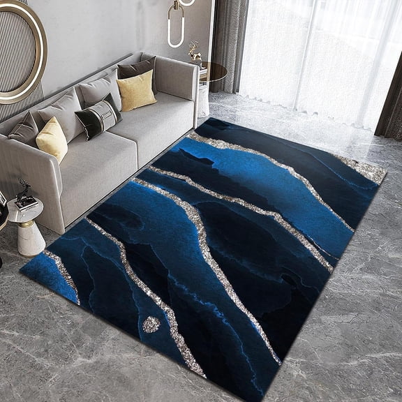 Minimalist Navy Blue Marble Area Rug Starry Silver Lines Stitching Washable Carpet Indoor Non Slip Rugs Machine Breathable Durable Front Entrance Floor Decor 3x4 Non-slip Soft