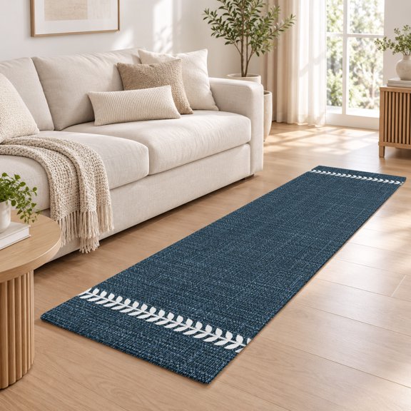 Minimalist Navy Blue Runner Rug for Kitchen Bedroom Hallway Runner Rugs 2x6ft, White Herringbone Stripe Soft Non-Slip Floor Carpet for Entryway Stair Washable Cushion Rug Chenille Sponge