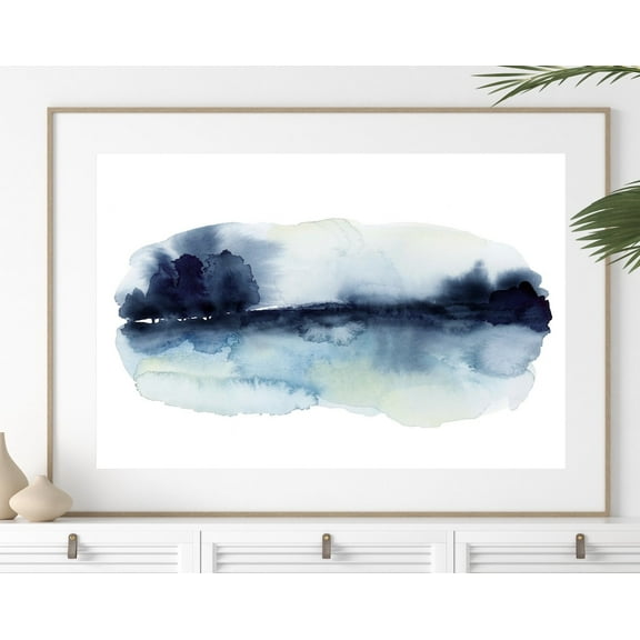 Minimalist Navy Blue Watercolor Landscape Abstract Print - Modern Wall Art Decor Wall Art, Modern Wall Decor, 8x12 UNFRAMED
