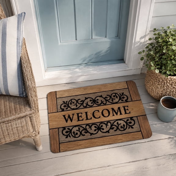 Wood Look Welcome Doormat, Vintage Scroll Vine Floral Farmhouse Entry Rug, Non-Slip Absorbent Indoor Front Door Floor Mat, Rustic Country Porch Home Decor