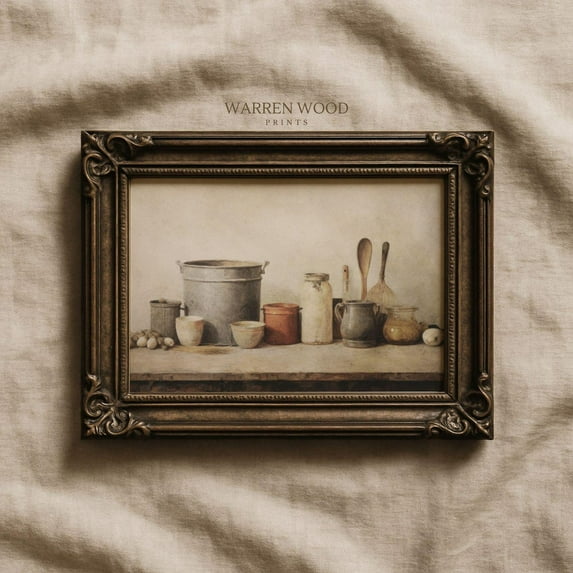 Minimalist Neutral Kitchen Still Life, Simple Landscape Of Cookware On Table Surface, Rustic Farmhouse Wall Art Home Decor #1361, Stretched Canvas Size 8x12