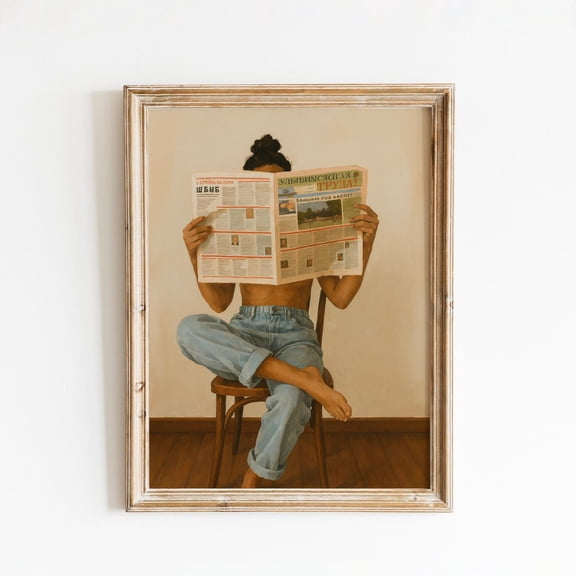 Minimalist Newspaper Reading Art – Neutral Modern Wall Decor Unframed Paper Print