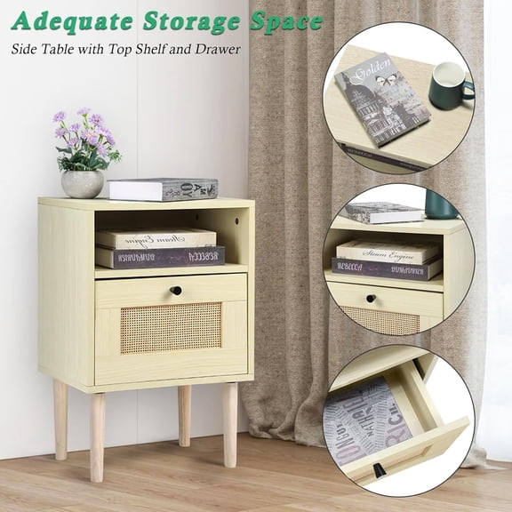 Minimalist Nightstand - Open Shelf & Rattan Drawer - Hardwood/MDF Compact Design for Bedroom & Living Room - Easy Assembly (Natural Finish)