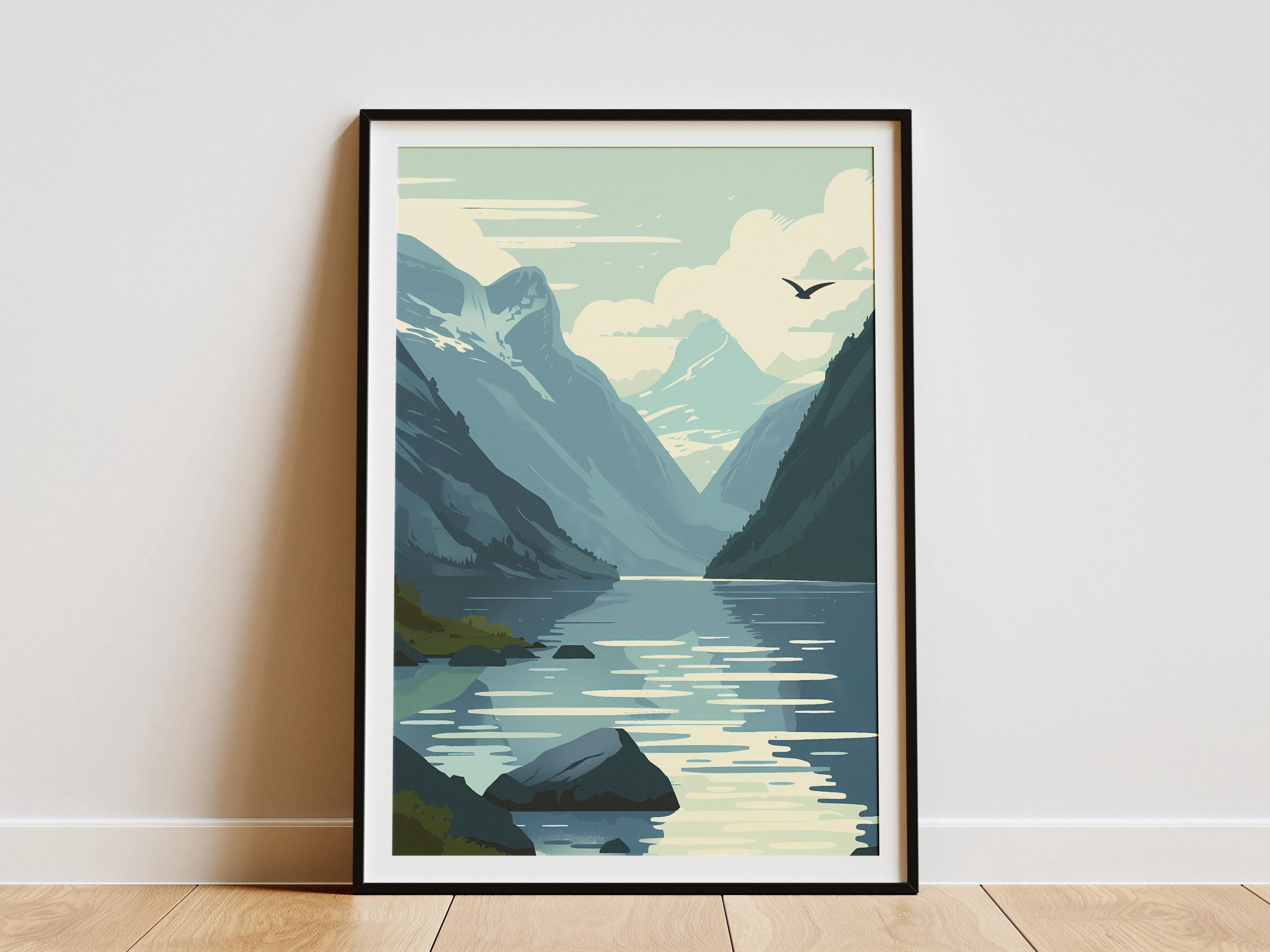 Fresh Look at Minimalist Norway Poster Scandinavian Landscape Art Print Mountain Lake