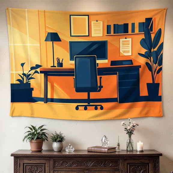 Minimalist Office Desk Workspace Illustration Wall tapestry, Large size Printed Horizontal Tapestry blanket, Polyester Fabric Wall Hanging for home office, living room, No Installation Required, Indo