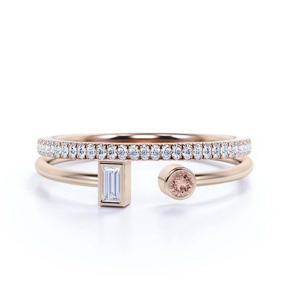 Minimalist Open Band Ring 1.30 Carat Round Cut Morganite And Diamond Moissanite Engagement Ring, Unique Style Ring in 10k Solid Rose Gold, Gift For Her, Gift For Girlfriend, Bridal Set, Matching Band