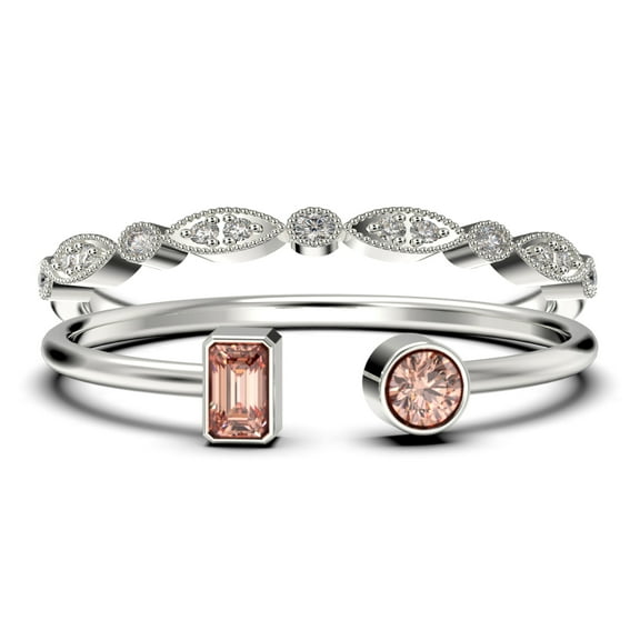 Minimalist Open Band Ring 1.30 Carat Round Cut Morganite And Diamond Moissanite Engagement Ring, Unique Style Ring in 925 Sterling Silver With 18k White Gold Plating, Bridal Set, Matching Band