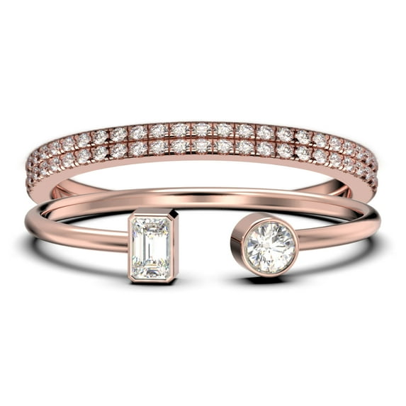 Minimalist Open Band Ring 1.80 Carat Round Cut Diamond Moissanite Engagement Ring, Unique Style Ring in 925 Sterling Silver With 18k Rose Gold Plating, Trio Set, Matching Band