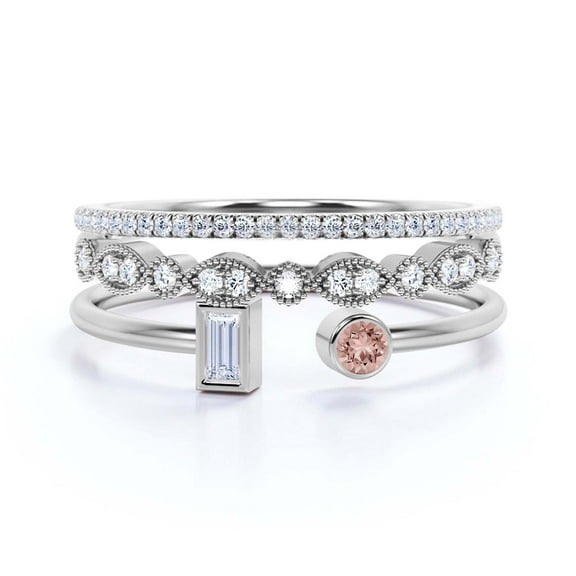 Minimalist Open Band Ring 1.80 Carat Round Cut Morganite And Diamond Moissanite Engagement Ring, Unique Style Ring in 925 Sterling Silver With 18k White Gold Plating, Trio Set, Matching Band