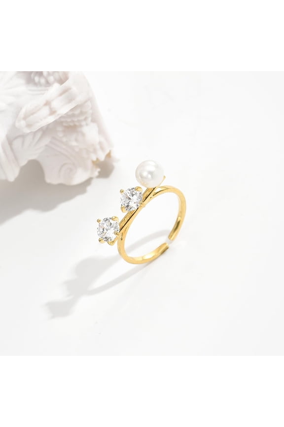 Minimalist Open End Ring Gold Copper Jewelry with Zirconia Pearl Adjustable Boho Stackable Ring for Women Delicate Dainty Round Gift for Birthday Anniversary Valentines Day for DIY