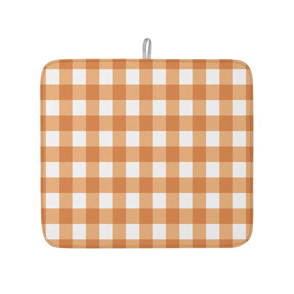 Minimalist Orange Checkered Grid Dish Drying Mats for Kitchen Counter,Absorbent Microfiber Dish Drainer Rack Mat Spring Buffalo Plaid Drying Pad for Sinks,Utensils,Countertops,16x18in
