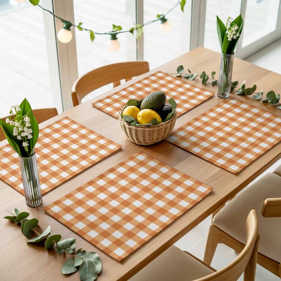 Minimalist Orange Checkered Grid Placemats Set of 4,Wipeable Washable Table Mats for Dining Tables, Spring Buffalo Plaid Place Mats for Kitchen Event Party Tabletop Decor