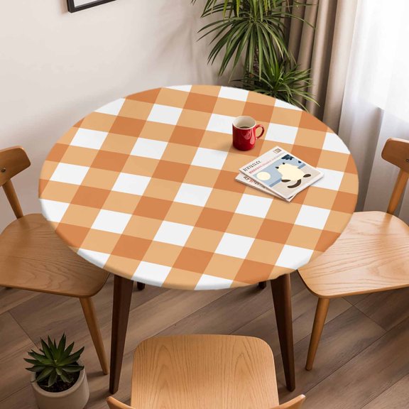 Minimalist Orange Checkered Grid Round Fitted Tablecloth with Elastic Edge,Waterproof Table Cloth Fits Tables Up to 45"-54",Wipeable Washable Table Cover for Indoor Outdoor,Spring Buffalo Plaid