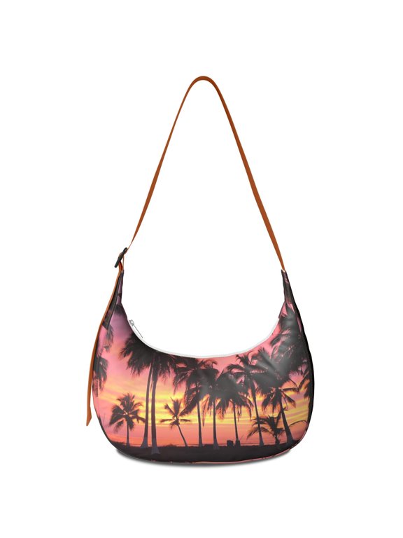 Minimalist Palm Tree Crossbody Bag for Women Tropical Paradise Corduroy Shoulder Purse Hawaii Sunset Crescent Sling Bag for Summer Beach Ocean Getaway