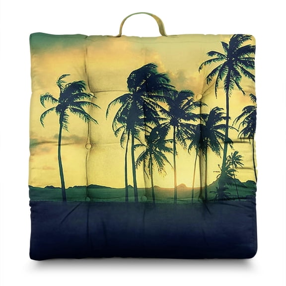 Minimalist Palm Tree Floor Sitting Cushion - Thick & Supportive Tatami Mat Seat Pad, Hawaiian Sunset Beach Print, Sunlight-Activated Expansion for Maximum Fluffiness