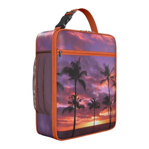 Minimalist Palm Tree Insulated Lunch Tote – Tropical Beach Sunset Design with Vibrant Hawaiian Sunset and Ocean Views, Waterproof Durable Thermal Cooler Bag for Beach Vacation and Travel