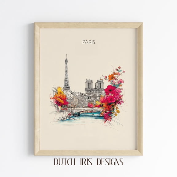 Minimalist Paris Line Art Print, Modern Travel-Themed Wall Decor, Eiffel Tower Illustration, Chic Floral Accents, 1016 Home Decor #1335, Unframed Canvas Size 16x24