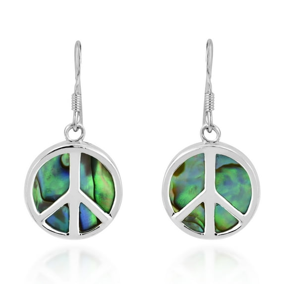 Minimalist Peace Symbol Abalone Shell Inlay Sterling SIlver Dangle Earrings