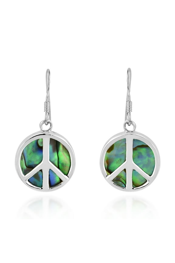 Minimalist Peace Symbol Abalone Shell Inlay Sterling SIlver Dangle Earrings