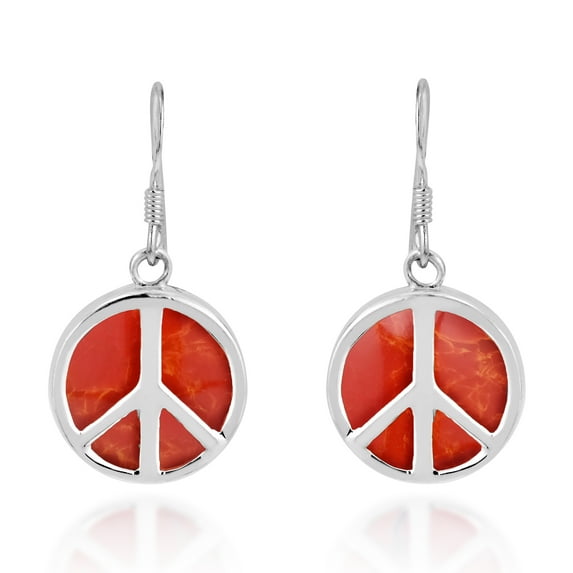 Minimalist Peace Symbol Red Coral Inlay Sterling Silver Dangle Earrings