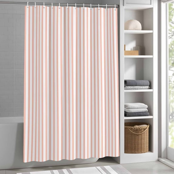 Minimalist Peach Pink Striped Shower Curtain for Bathroom, Modern Art Vertical Line Print Fabric Shower Curtain Set with Hooks, Waterproof Washable Bath Curtain for Bathroom Decor 48"x72"