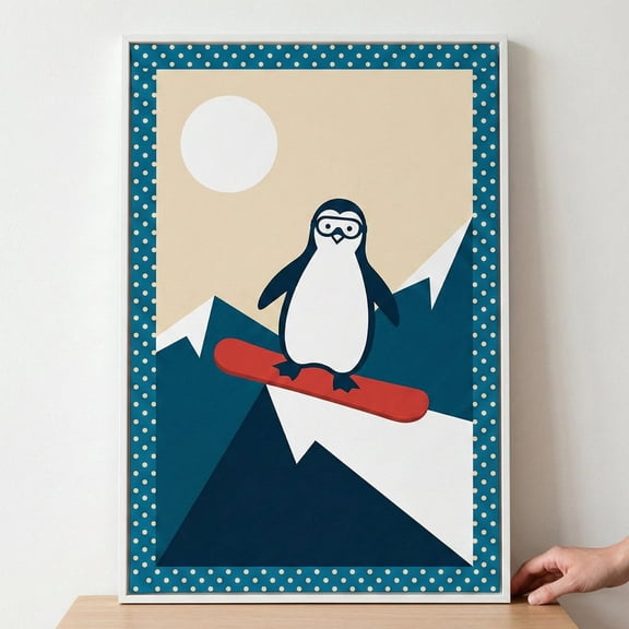 Minimalist Penguin Snowboarder Arctic Animal Winter Nursery Wall Art Print