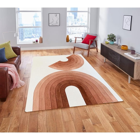 Minimalist Perfect Modern Wool Soft Washable Area Rug 2'x3' Terracotta White Half Circles Pattern Rug for Living Room Bedroom Dining Room No-Slip Plush Throw Carpet Beside Bed