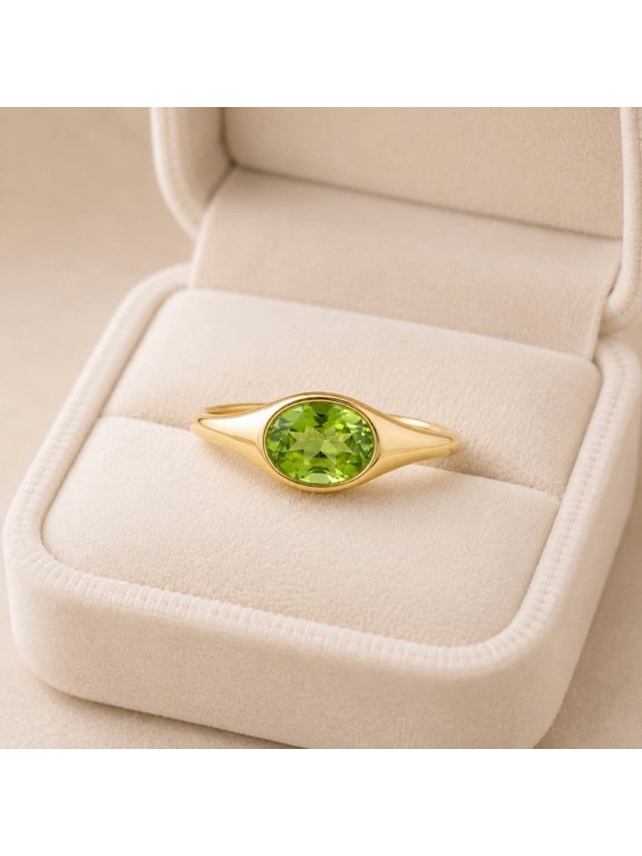 Minimalist Peridot Ring, Oval Green Gemstone Ring for Women, Yellow Gold Plated Stacking Ring, Dainty Modern Engagement Ring, Vintage Style Promise Ring