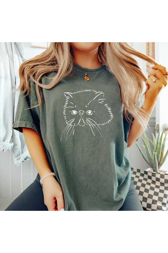 Minimalist Persian Cat Face Shirt, Persian Cat Outline Tee, Cat Lover Graphic T-Shirt, Simple Cat Illustration Comfort Colors Unisex Cotton T-Shirt, Size S-3XL