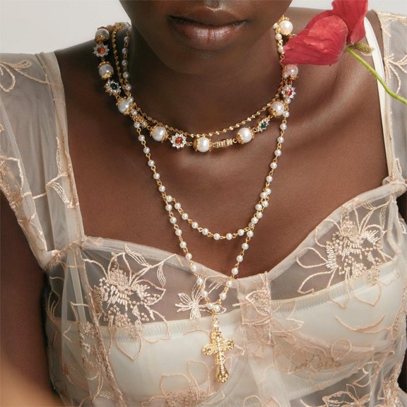 Minimalist Personality Gothic Style Cross Shell Pearl Necklace