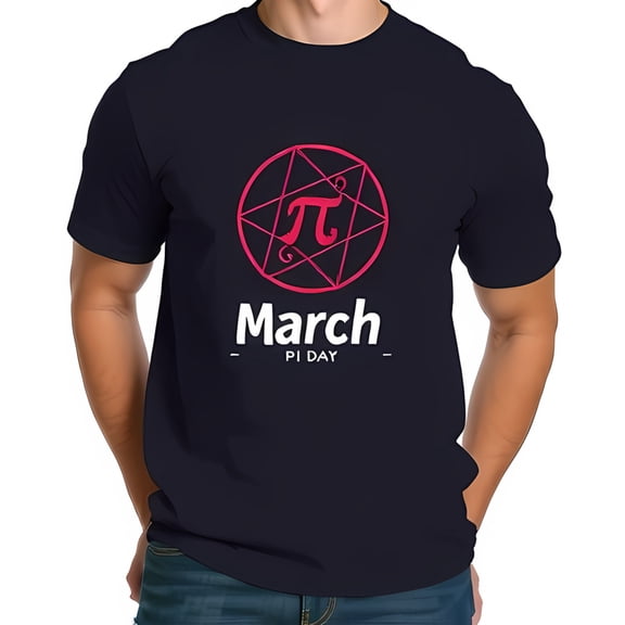 Minimalist Pi Day T-Shirt - Dark Navy Blue Cotton Tee with Pinkish-Red Pi Symbol & Geometric Design - March Celebration Shirt
