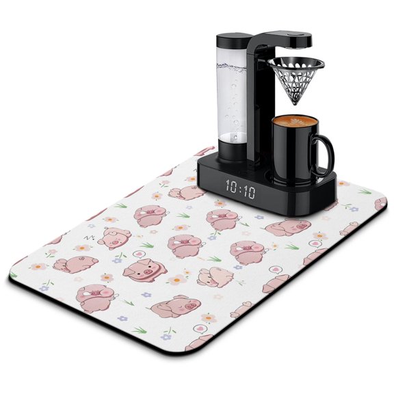 Minimalist Pig Print Coffee Bar Mat - 4-Layer Non-Slip Mat for Espresso Machine, Aesthetic Pig and Floral Design