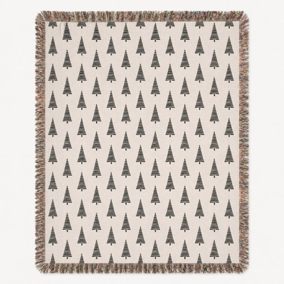 Minimalist Pine Tree Pattern Green and Cream Woven Blanket, 100% Cotton, Nordic Style Home Decor