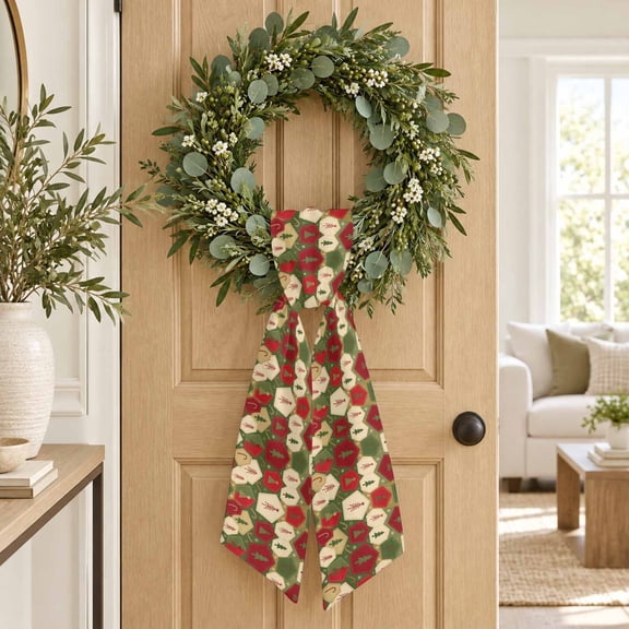 Minimalist Pine Trees Wreath Sash, Retro Christmas Canes Green Red Decorative Ribbon Wreath Sash for Front Door, Porch Indoor Holiday Decor