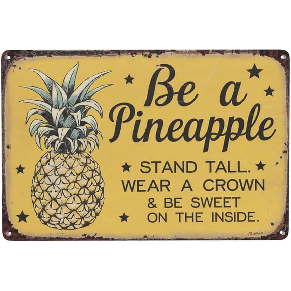 Minimalist Pineapple Quote Metal Tin Sign Wall Art, Tropical Kitchen Decor, 8 x 12 Inch Hanging Sign