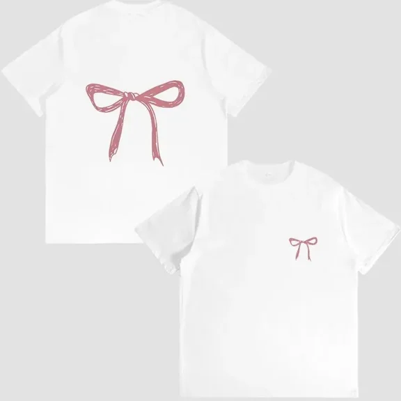 Minimalist Pink Bow T Shirt, Stylish Casual Graphic Apparel for Women Daily Wear