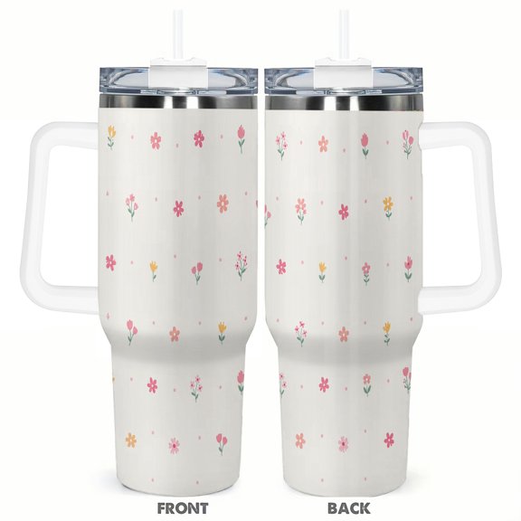 Minimalist Pink Floral 40oz Car Tumbler Insulated Travel Cup with Handle Straw Stainless Steel Vacuum Coffee Cup Cute Flower Gift for Her